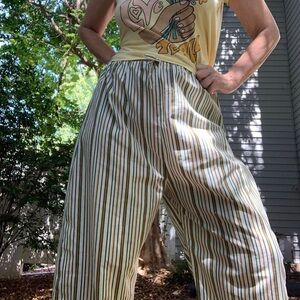 Cream Green Striped Drawstring Pajama Pants